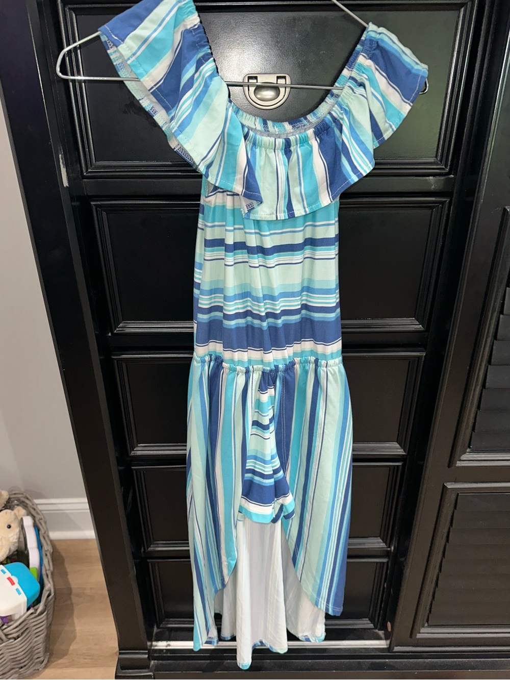 Striped Off-Shoulder Maxi Dress in Blue and Aqua